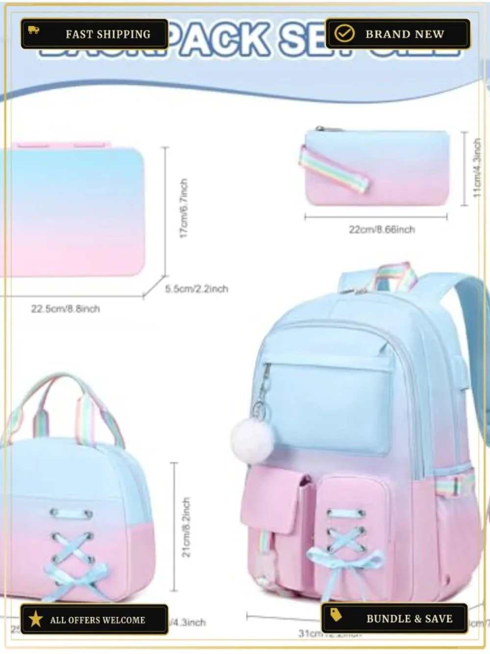 Girls Backpack with Bento Lunch Box Set, School Bag Bookbag with Insulated